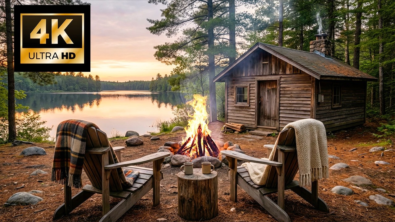 Lakeside Cabin Fire Ambience | Golden Sunset, Crackling Fire & Calm Water Reflections