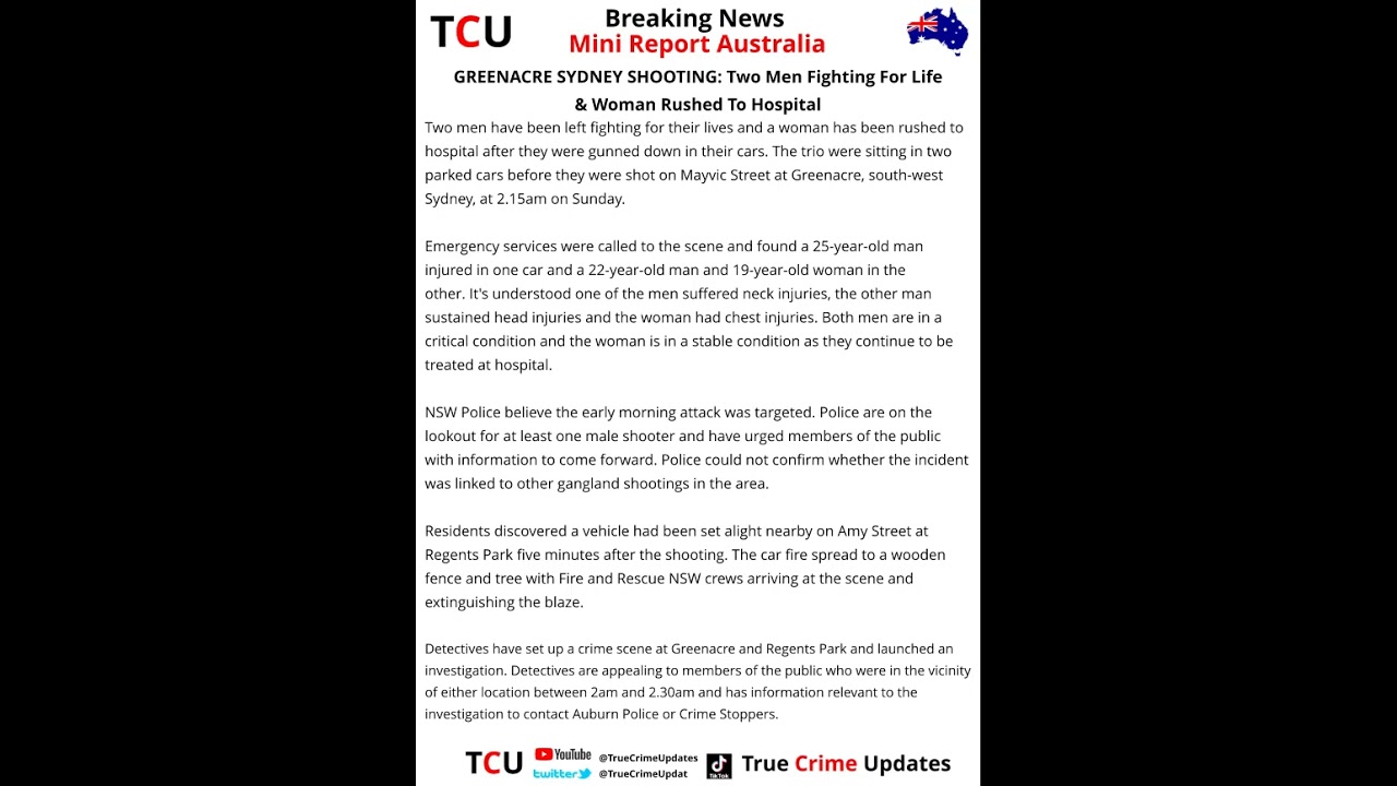 GREENACRE SYDNEY SHOOTING: Two Men Fighting For Life & Woman Rushed To Hospital #truecrime