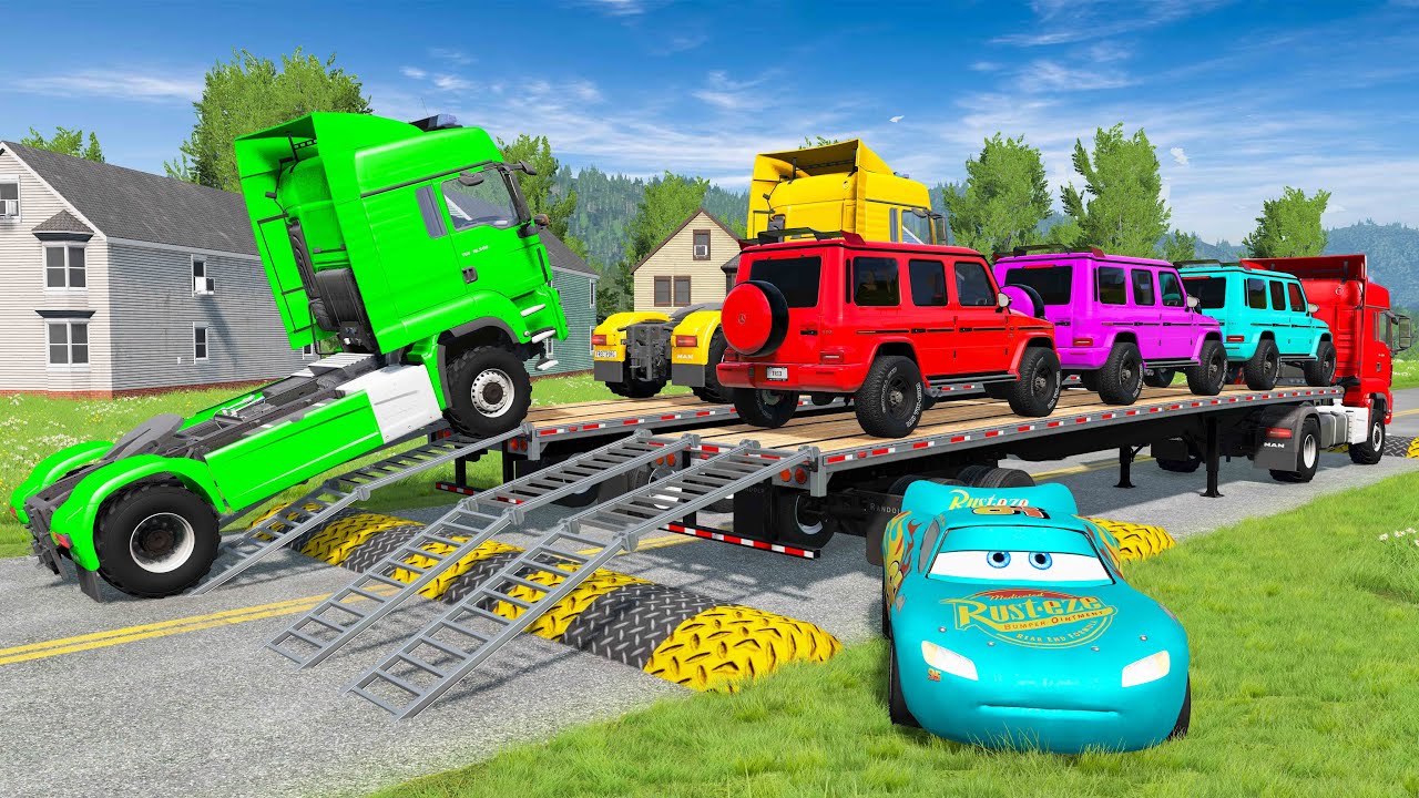 Double Flatbed Trailer Truck vs Speedbumps Train vs Cars | Tractor vs Train Beamng.Drive #3