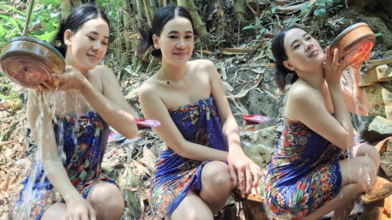 วิถีชีวิตสาวชนบท#ອາບນ້ຳໃນປ່າ#ແຕງໂມ ສາວລາວ