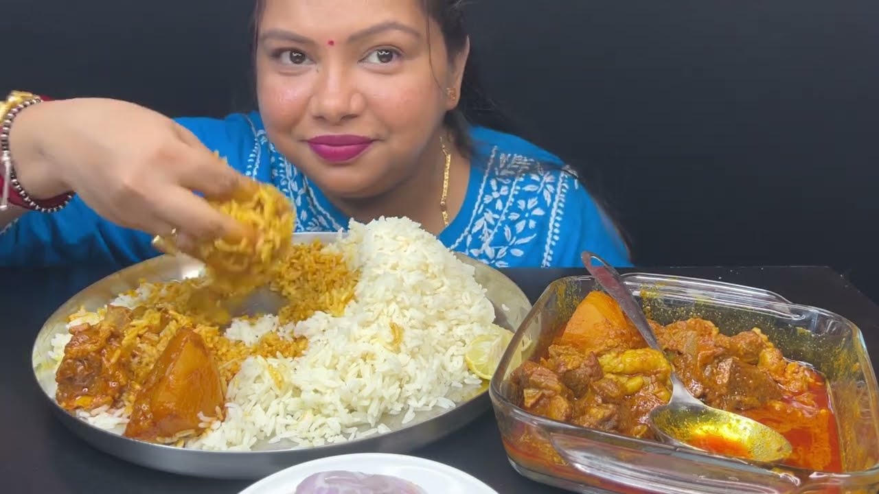 Bigbites, Eating Rice With Spicy 🥵🥵Mutton Kosha. Huge Rice।।