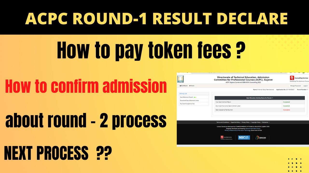 acpc round 1 result declare 2022| How to confirm admission | How to pay token fees ? about round -2