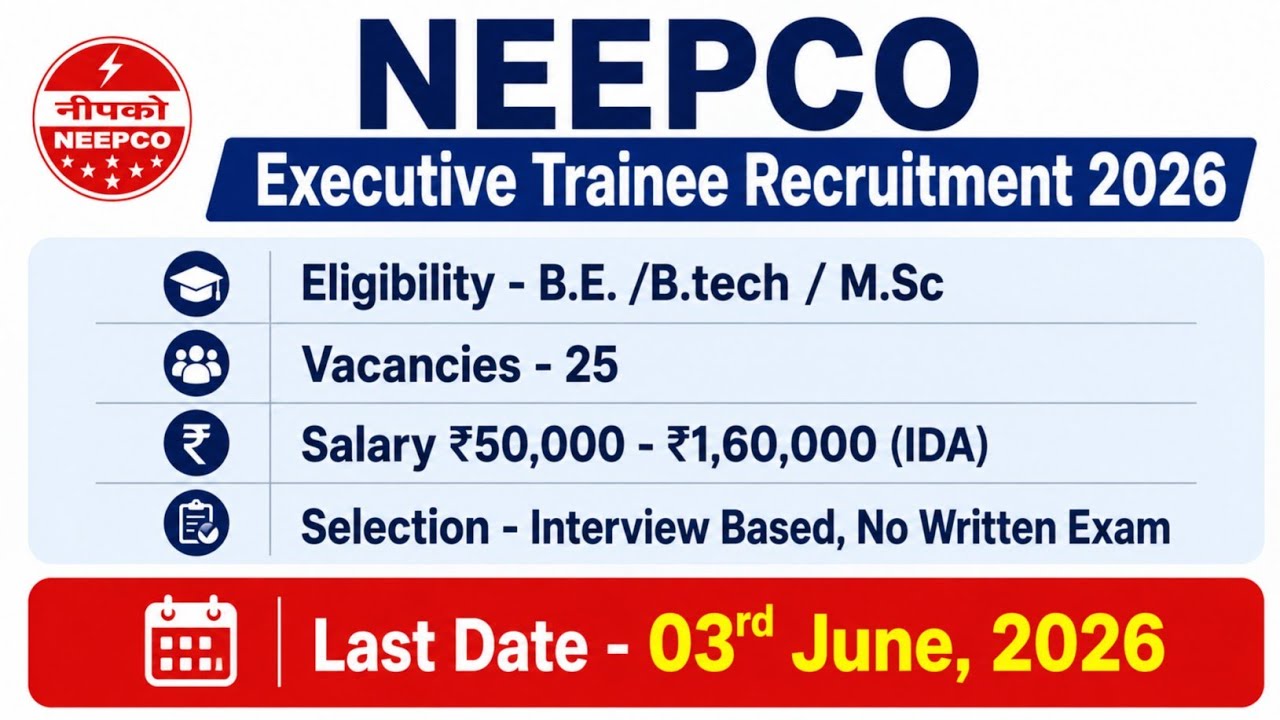 NEEPCO Executive Trainee Recruitment 2026 | No Written Exam 🔥 | Salary ₹1.6 Lakh | Apply Now |