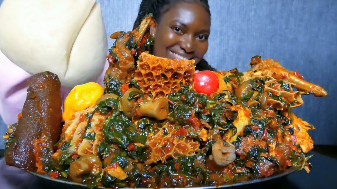 Cook and Eat With Me delicious spicy spinach soup with fufu/ Asmr mukbang 