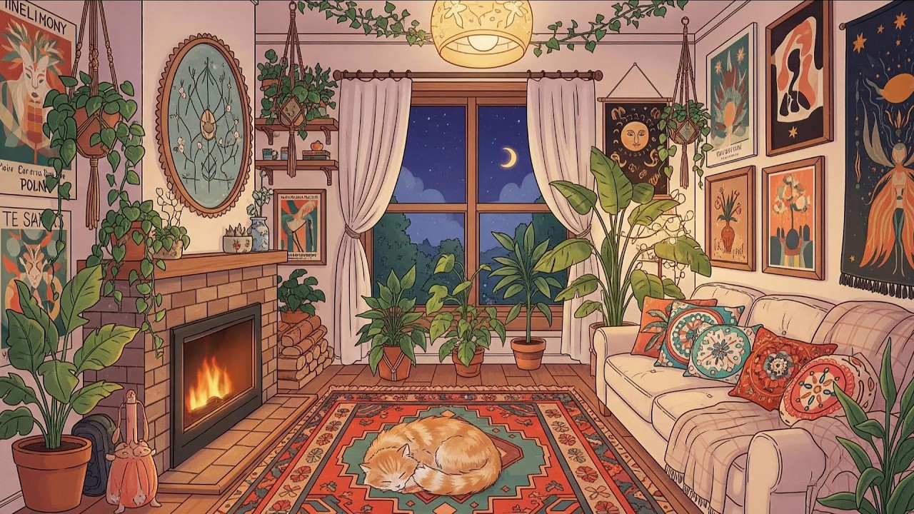 Peaceful Rainy Night Fireplace 🌧️🔥 Cozy Lofi Beats for Study, Relax & Focus