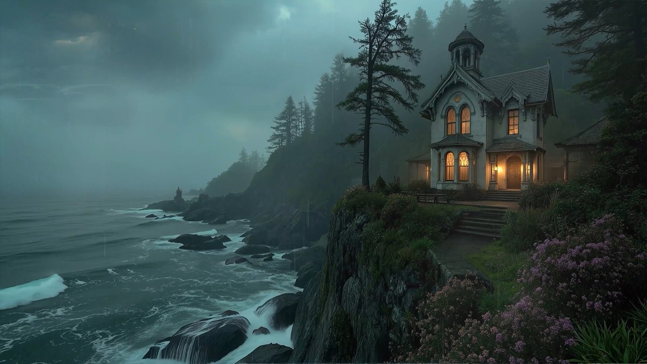 Misty Coastal Victorian Cottage | Rainy Ocean Waves with Melancholic Piano | Dark Academia Seaside