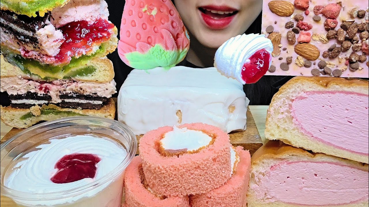 ASMR MUKBANG ) 연세우유빵 딸기 시리즈 4종 & 일본에서 대유행이라는 요거트+빠다코코넛으로 만든 치즈케이크 먹방!! 대존맛✨️✨️
