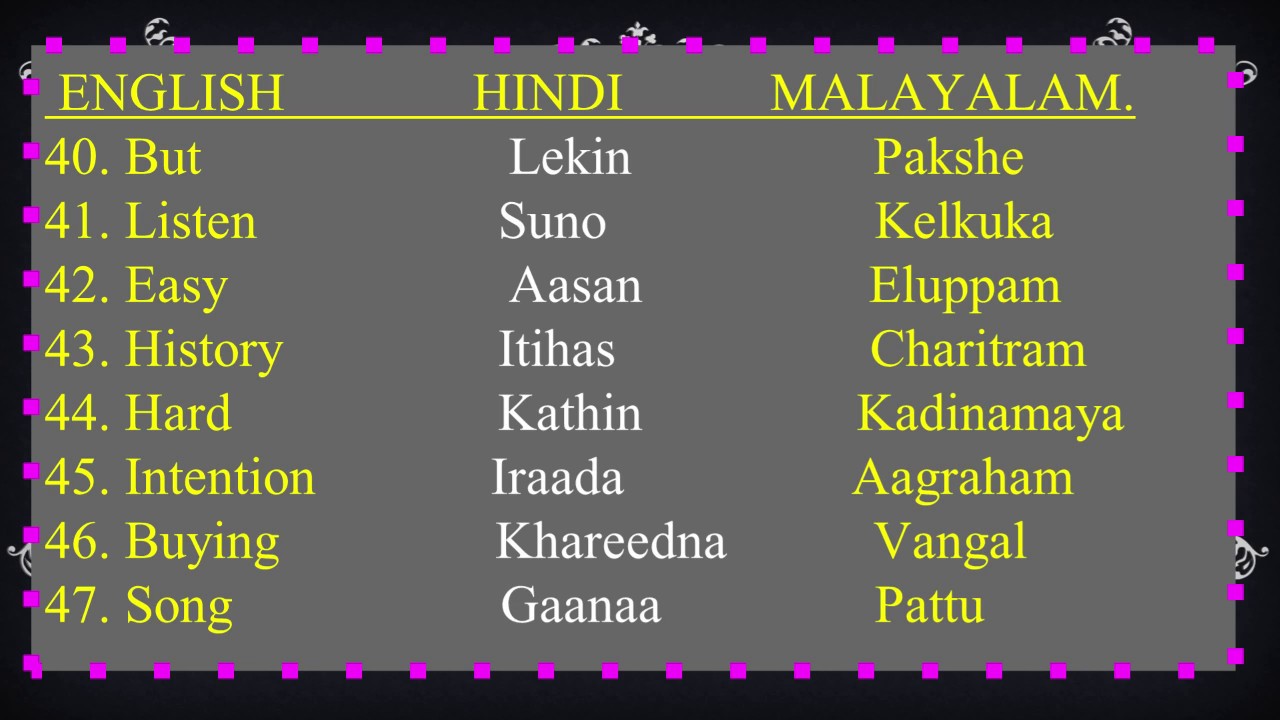 50 Useful Words in Hindi, Malayalam and English.