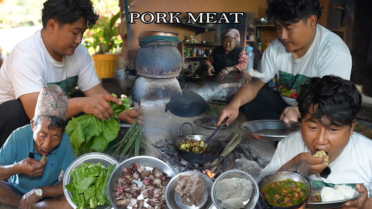 Pork meat Cooking and Eating with my Father//Pork meat with Rayosag//nepali village kitchen