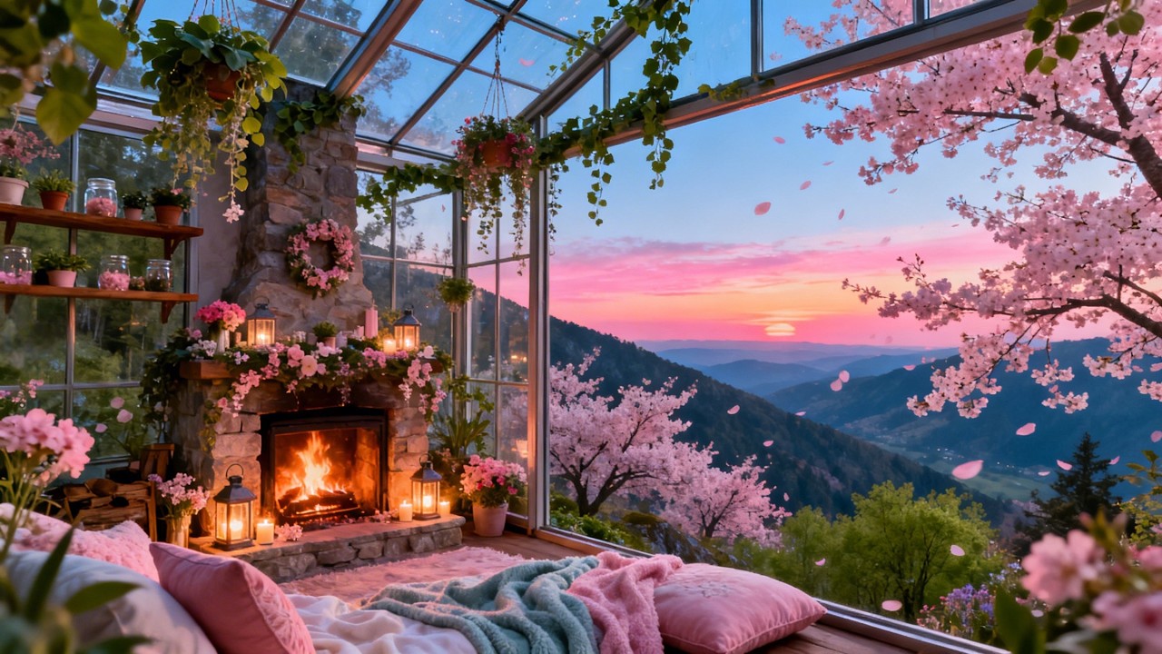 🌸🏔 Cozy Spring Greenhouse Fireplace ✨ Relaxing Acoustic Guitar & Cherry Blossom Mountain View