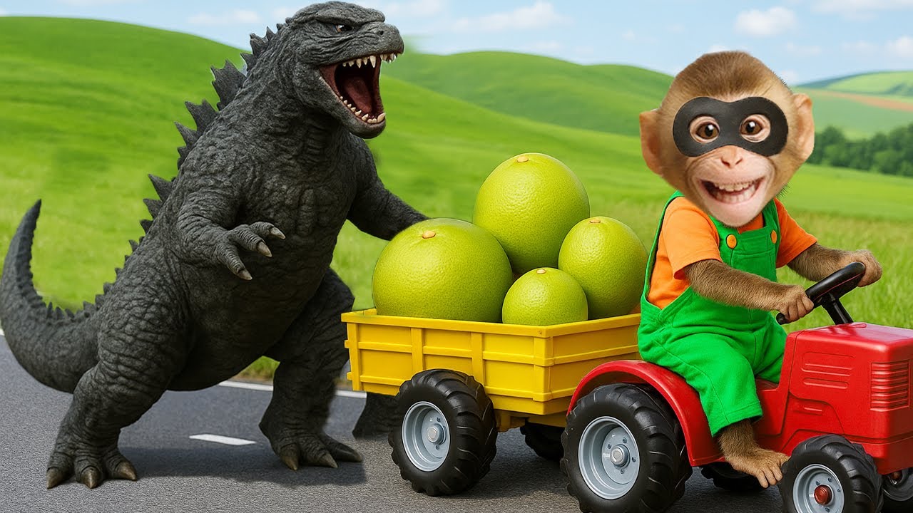 Baby monkey Bim Bim helps the dinosaur gozzila in trouble and harvest lots of sweet grapefruits
