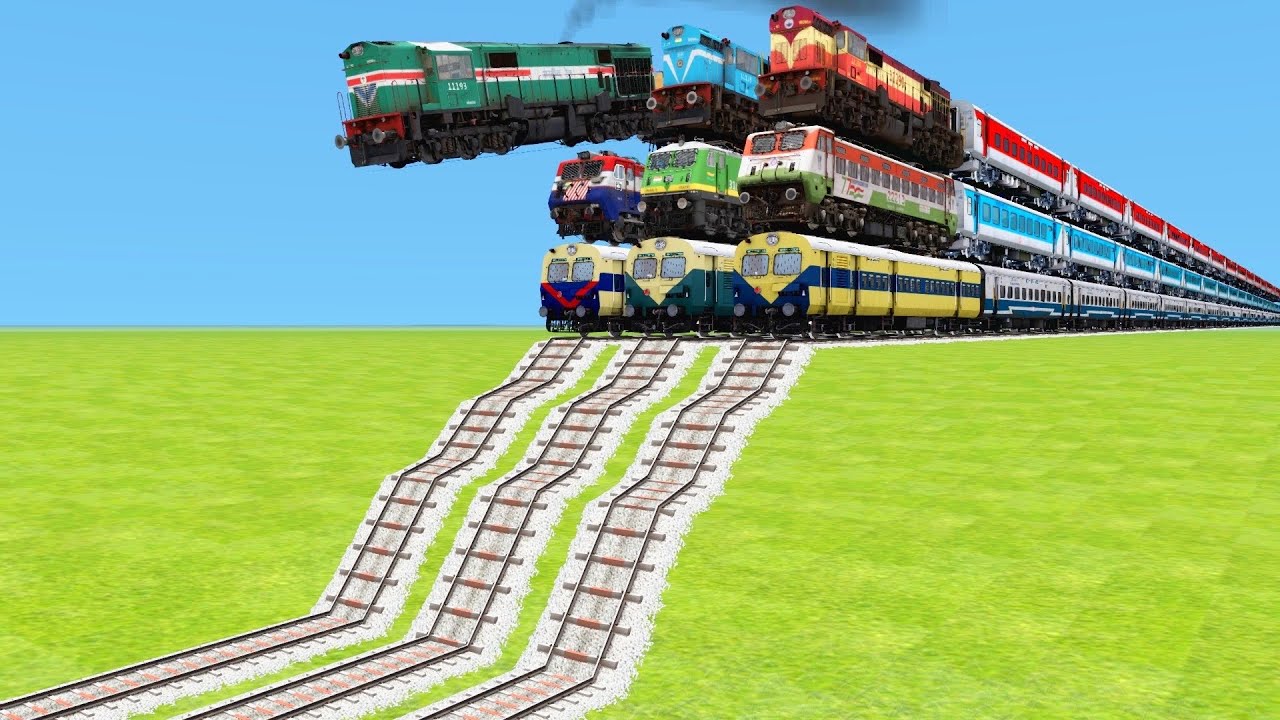 3️⃣ MEMU TRAINS TRIPLE ATTACK OF DANGEROUS TOP FLOOR JUMP RAILWAY TRACKS🔺Train Simulator | TrainsFun