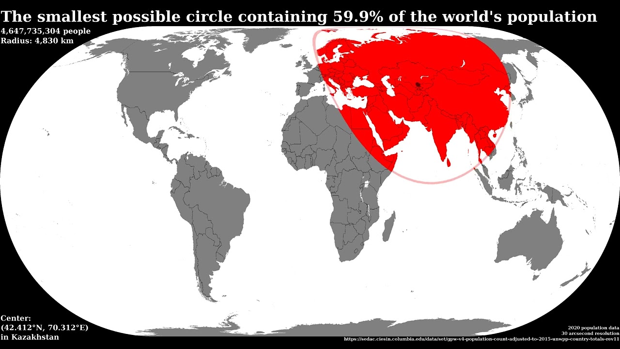 Smallest possible circles containing 0.1% to 100.0% of the world's population (0.14 second/frame)