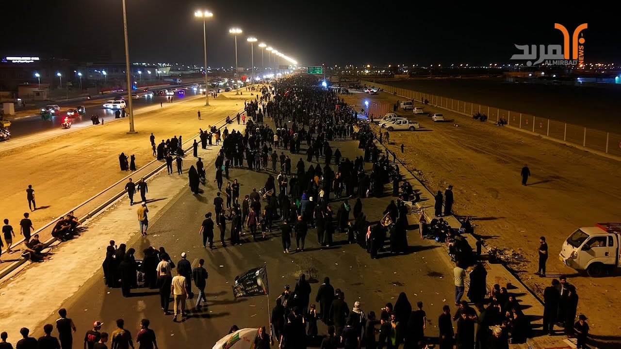 المربد توثق مسيرة الزائرين مشياً إلى مسجد وخطوة الإمام علي عليه السلام في ليلة الأربعينية #المربد
