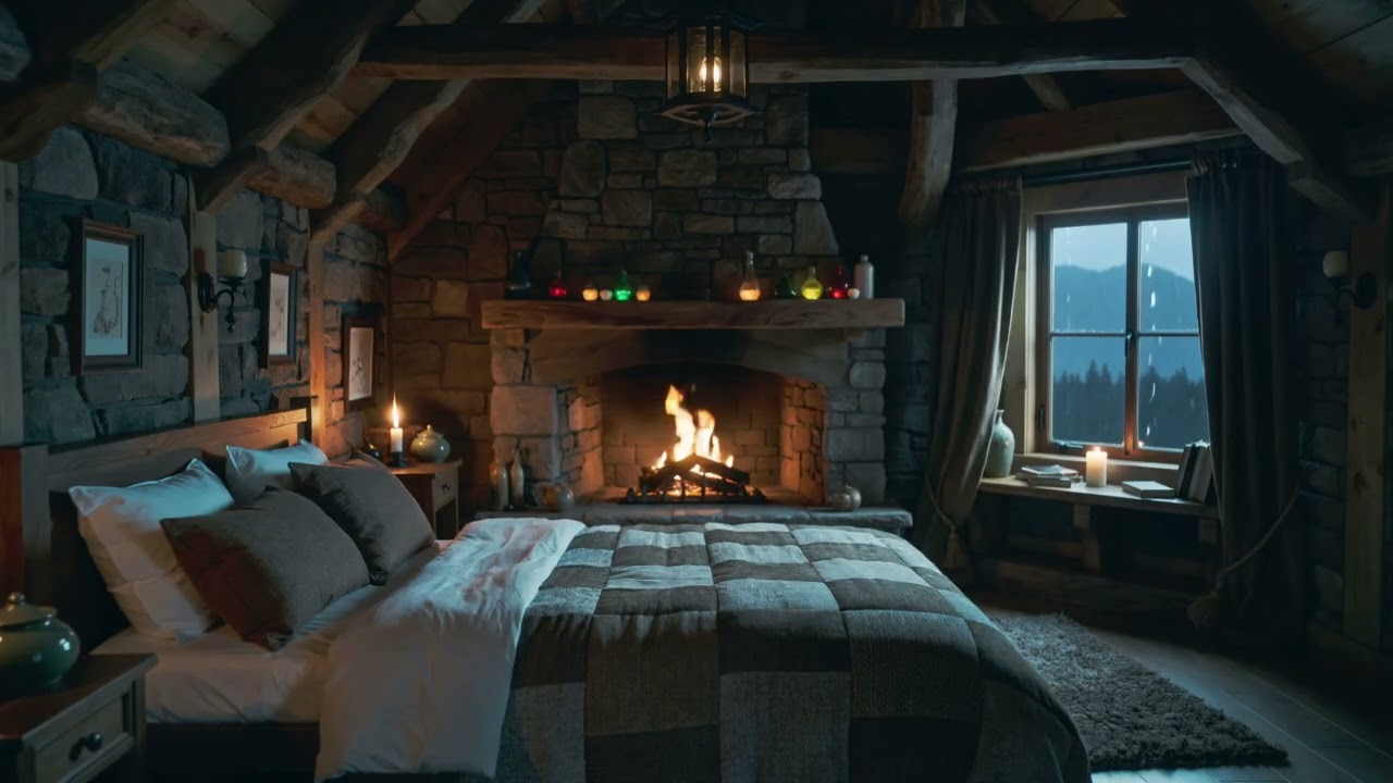 ASMR calming rain and cosy fire in castle bed