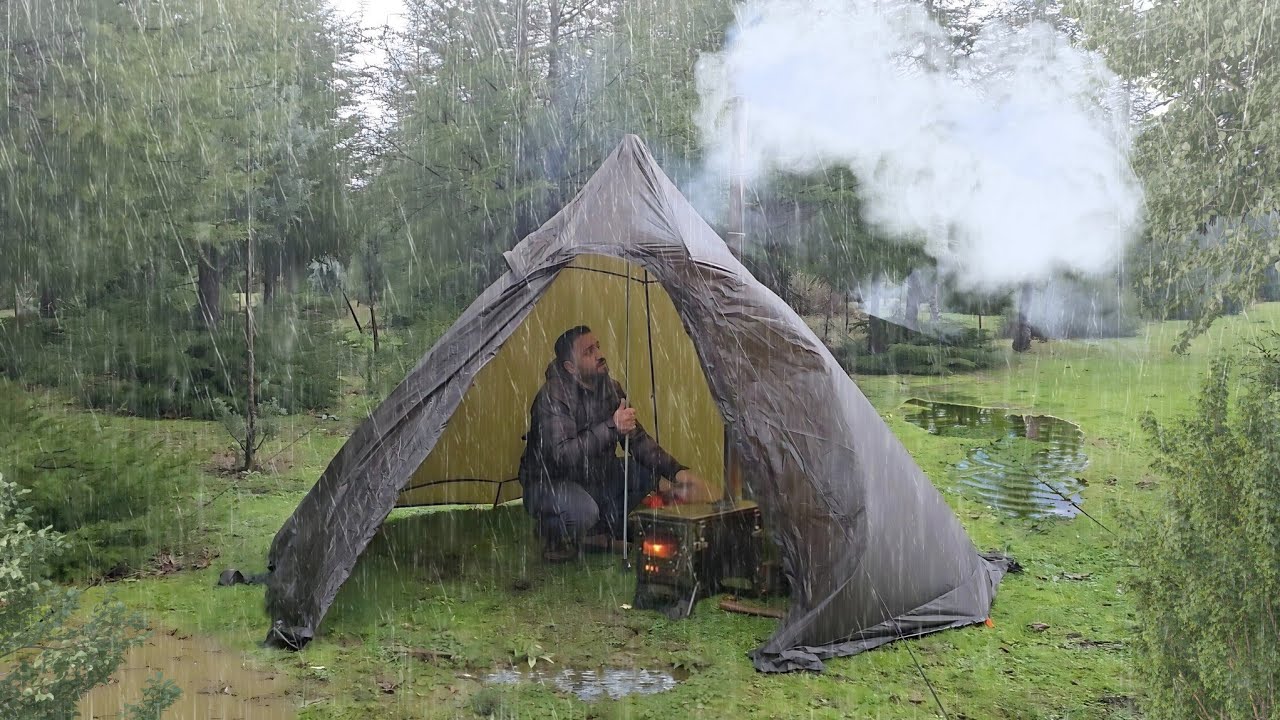 Hot Tent Rain Camping in Storm ~ Solo Camping in Heavy Rain and Rainstorm - Rain ASMR