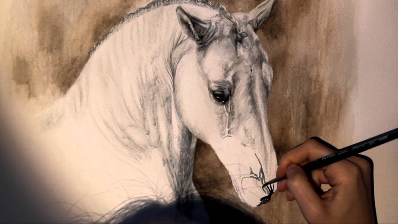 Portrait malen lassen Pferdeportrait ohne Raster/Projektor - Schimmel Lipizzaner Aquarell