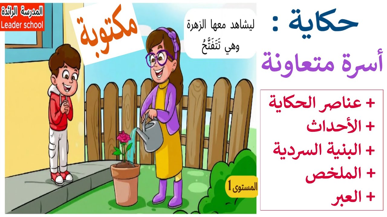 أسرة متعاونة المستوى الأول🌹مكتوبة +عناصر الحكاية +الأحداث الملخص 📖 في صندوق الوصف المدرسة الرائدة