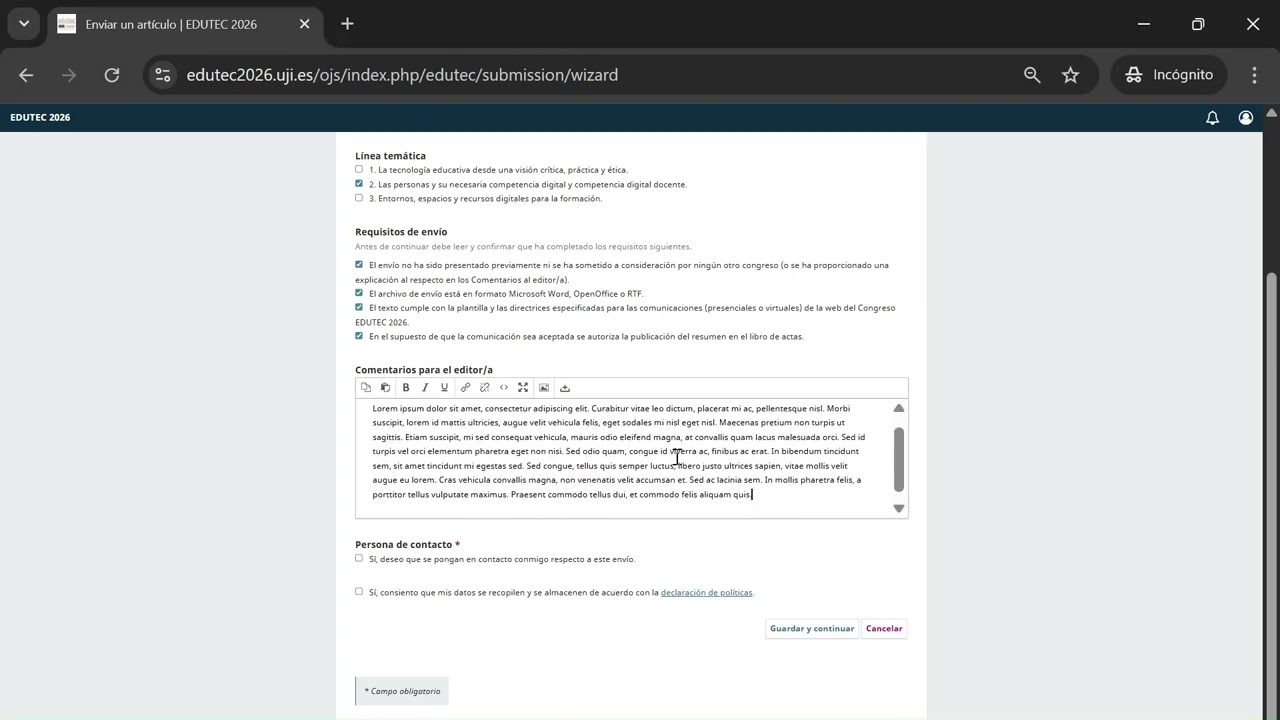 Tutorial de envío de comunicaciones - EDUTEC 2026