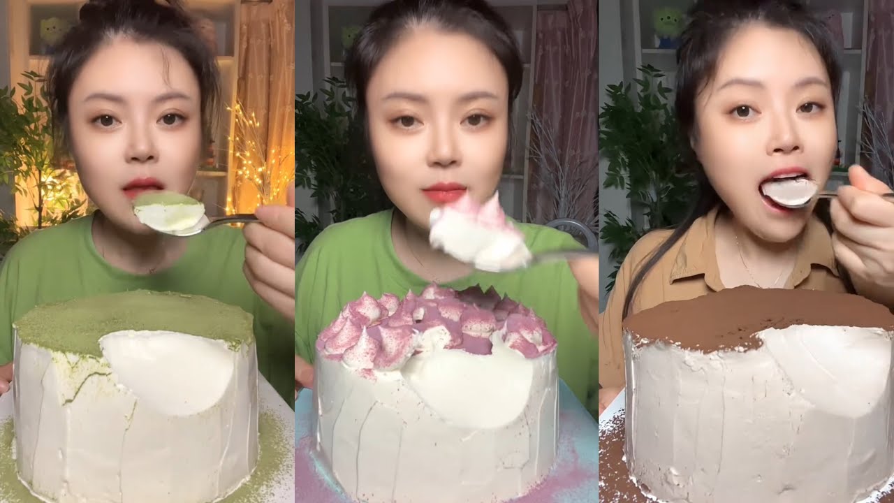 asmr mukbang - matcha, taro and chocolate creamy cake eating