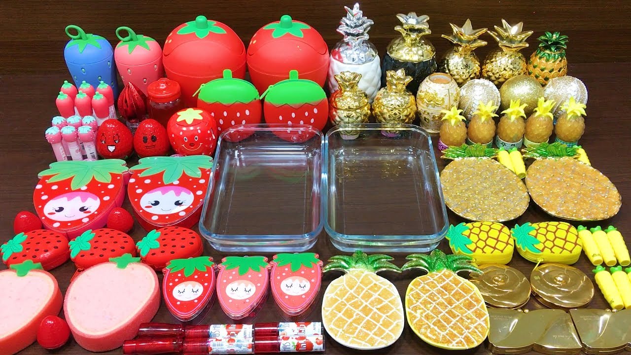 RED Strawberry vs Gold Pineapple! Mixing Random Things into CLEAR Slime! Satisfying Slime Video #655