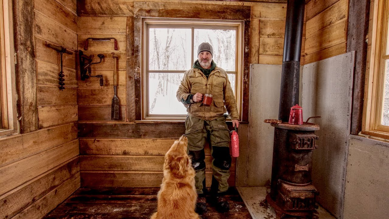 Installing a Wood Stove and Oak Flooring in an Off-Grid Tiny Log Workshop