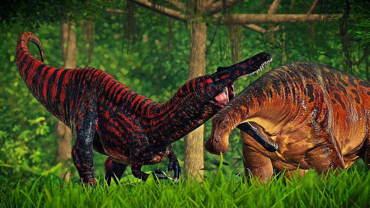 Jurassic World Evolution - Red Suchomimus hunting rare herbivores vs Albertosaurus - Jurassic Cinema