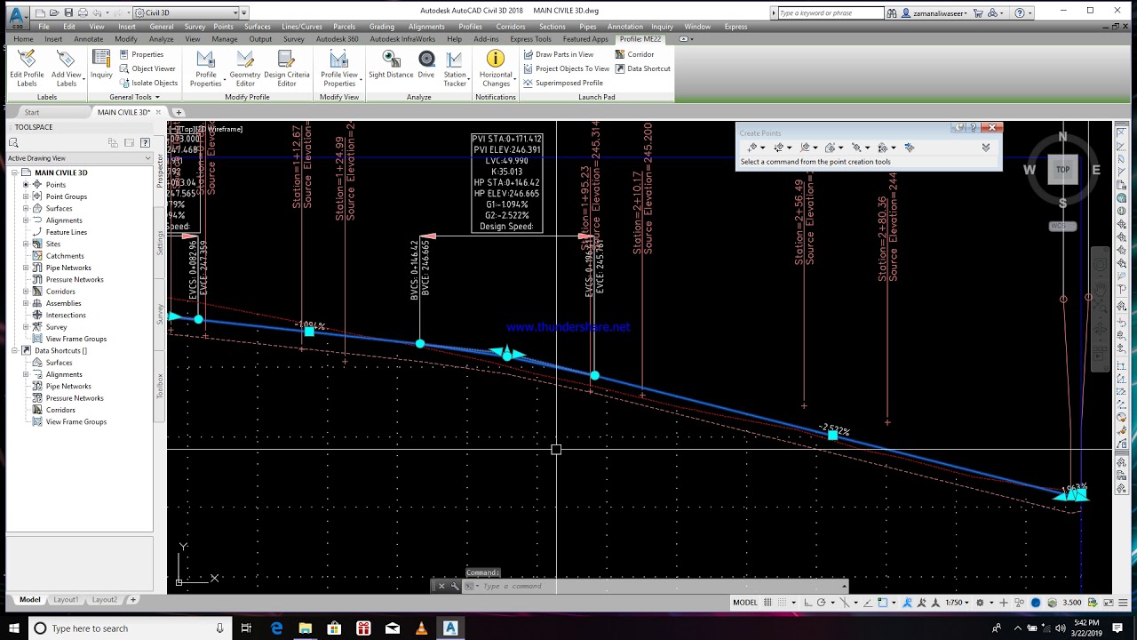 how to show gate level in profile in civil 3d 16 urdu