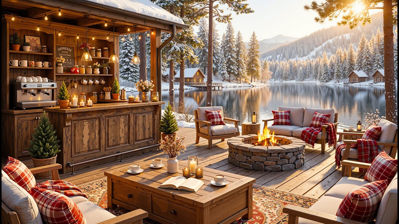 Chill Winter Morning at Lakeside Café Shop ❄️ Warm Jazz Music & Crackling Fireplace for Study & Work