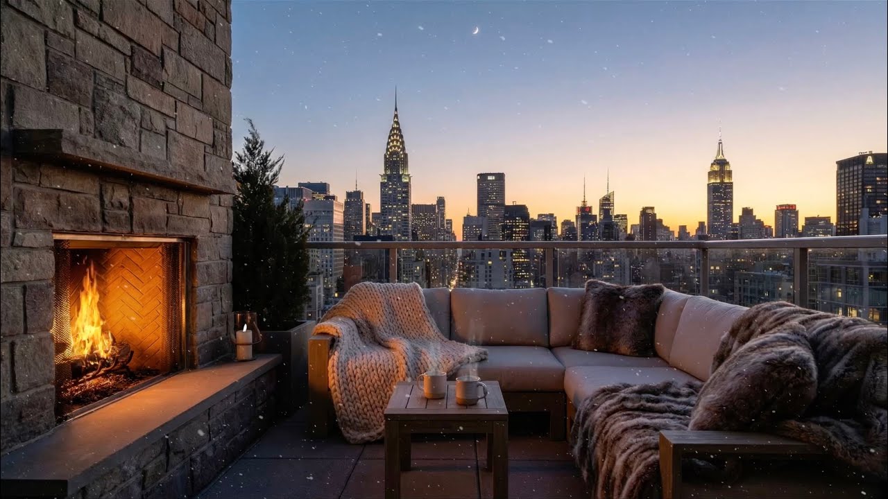 New York City Winter Morning Balcony Ambience to Start Your Day 😌❄️🌅 (Fireplace Sound)