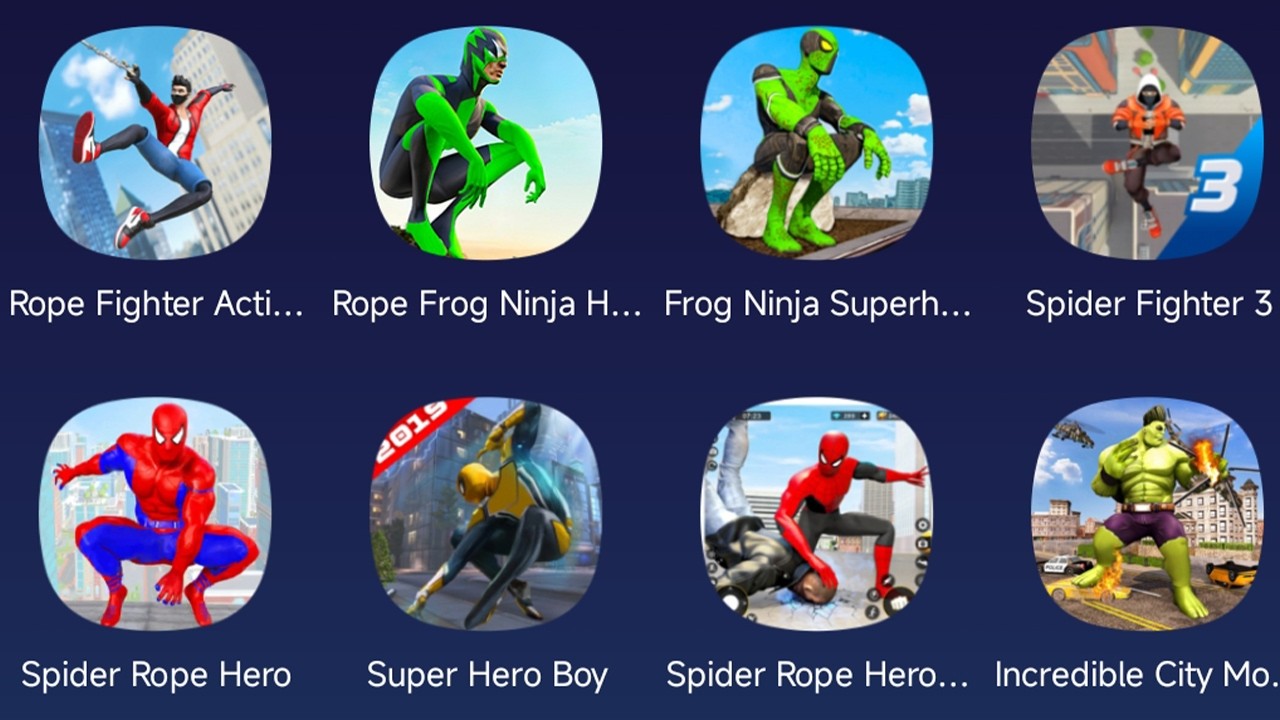 Rope Fighter Action,Rope Frog Ninja Hero,Frog Ninja Superhero,Spider Fighter 3,Spider Boy,Hulk