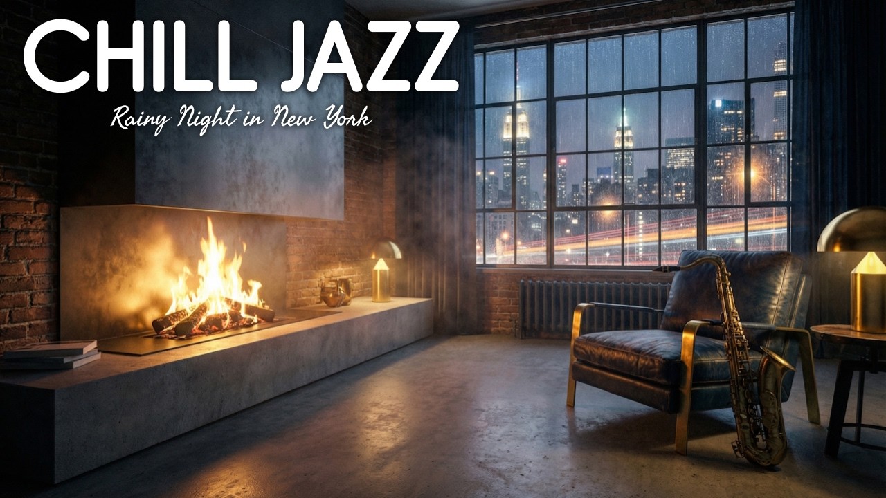 Rainy Night in New York 🏙️ Smooth Jazz for Study & Work • Cozy Fireplace Ambience