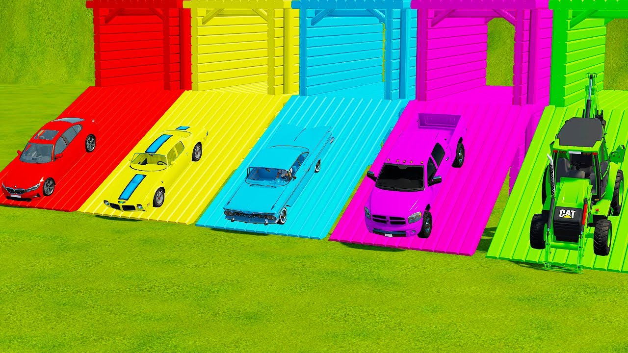 TRANSPORTING FIVE COLOR BMV SLOW, PONTIAC, CHEVROLET 409, DODGE, CATERPILLAR - Farming Simulator 22