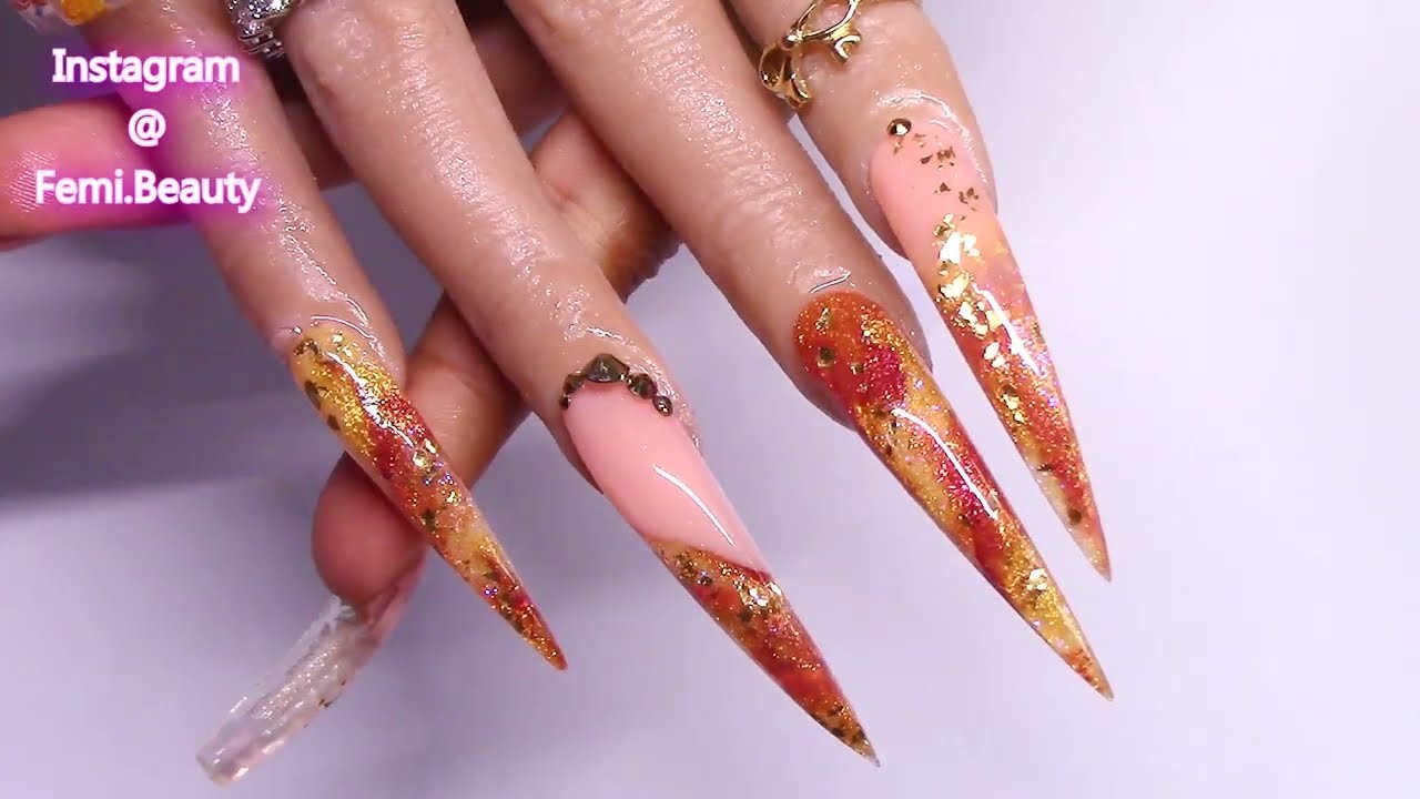 Autumn Marble Glitter Gold Brown Orange Acrylic Nails How To Tutorial Easy for Beginners
