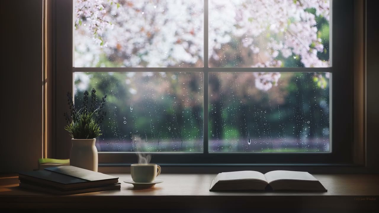 4K Rainy Spring Jazz ☕ Cozy Café Window with Blossoms & Gentle Rain | Relax, Study, Work
