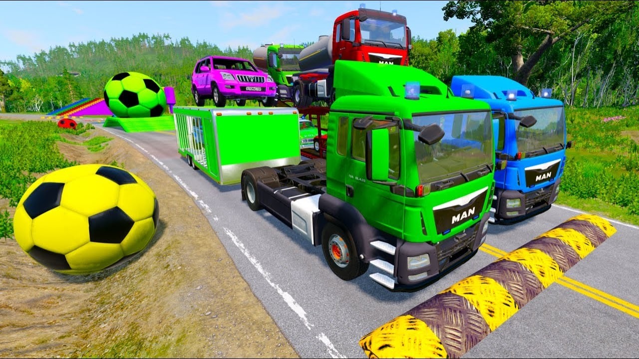 Double Flatbed Trailer Tuck vs Speedbumps Train vs Cars | Tractor vs Train Beamng.Drive Reverse!