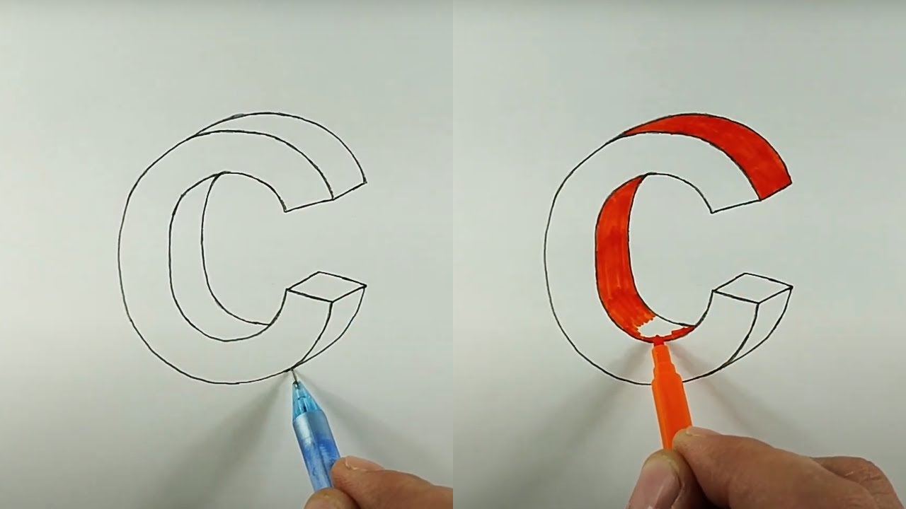 CETVELSİZ Üç Boyutlu C Harfi Çizimi - Three Dimensional Drawing of Letter C - 3D Çizim - 3D Drawing
