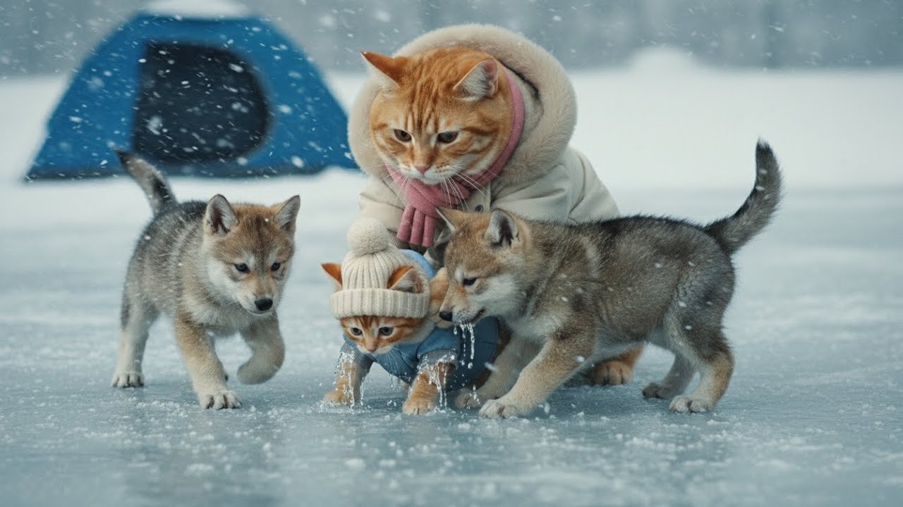 Котенок провалился под лед и был спасен волчатами | Трогательная зимняя история
