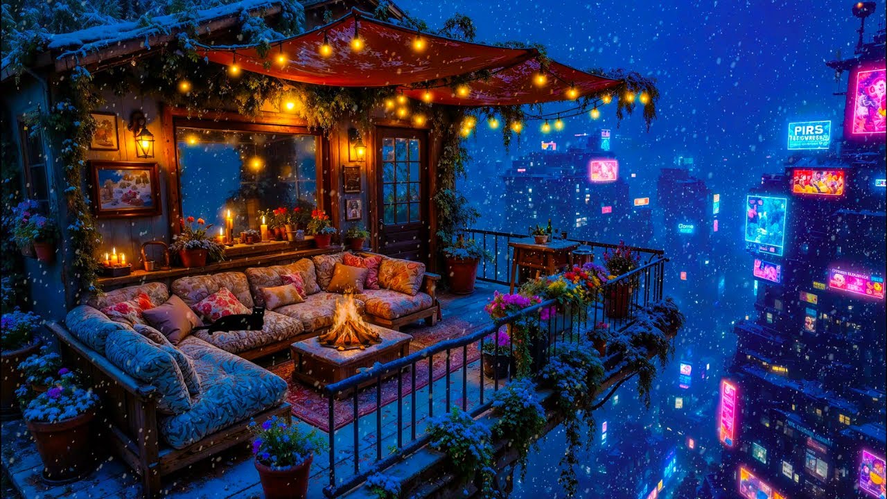 Winter Night Lo-Fi ❄️🔥 Balcony Fireplace Ambience in Cyberpunk City | Cozy Night Sounds for Sleep
