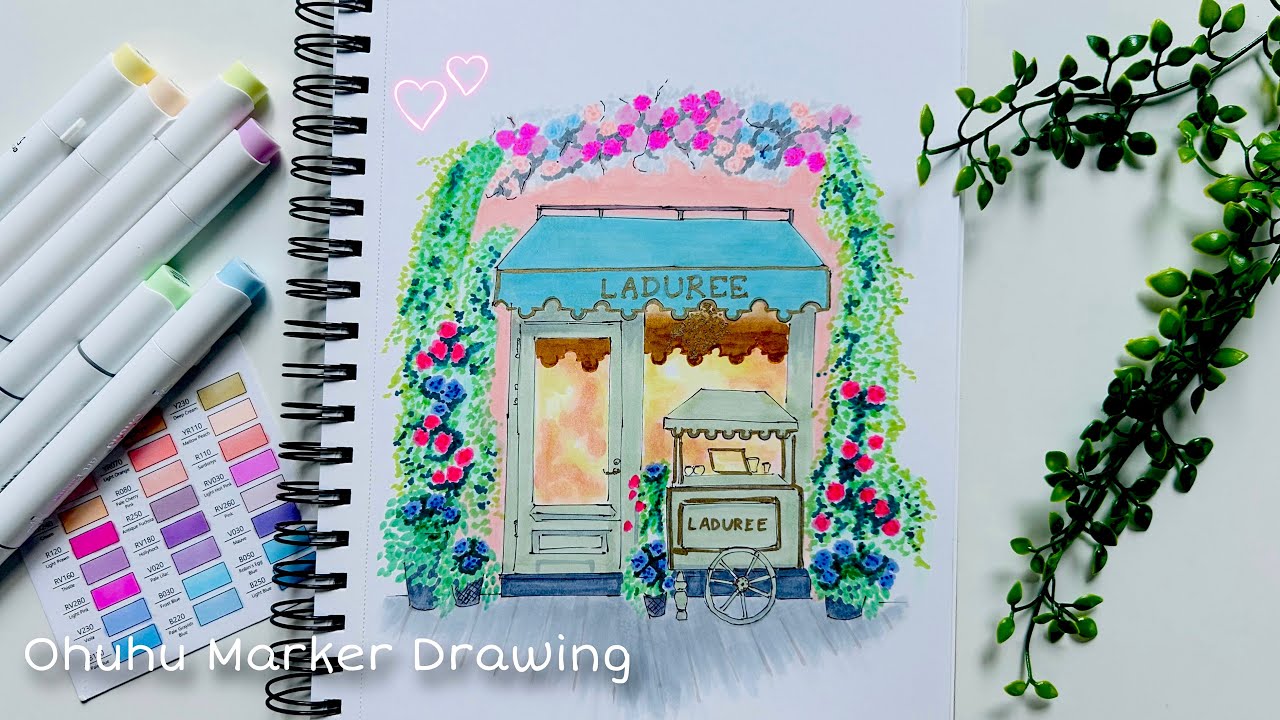 💕Drawing a cute shopfront | Alcohol markers drawing