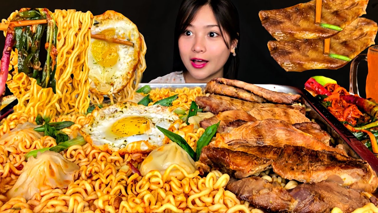 7 pack Super Spicy Shin Ramyun🍜Buffalo Steak 🥩 With Spicy Onion Kimchi🔥 | Real Mukbang | #mikasa