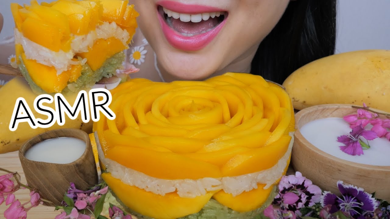 Mango layered Sticky Rice ROSE Cake *ASMR NO Talking Eating Sounds | N.E Let's Eat