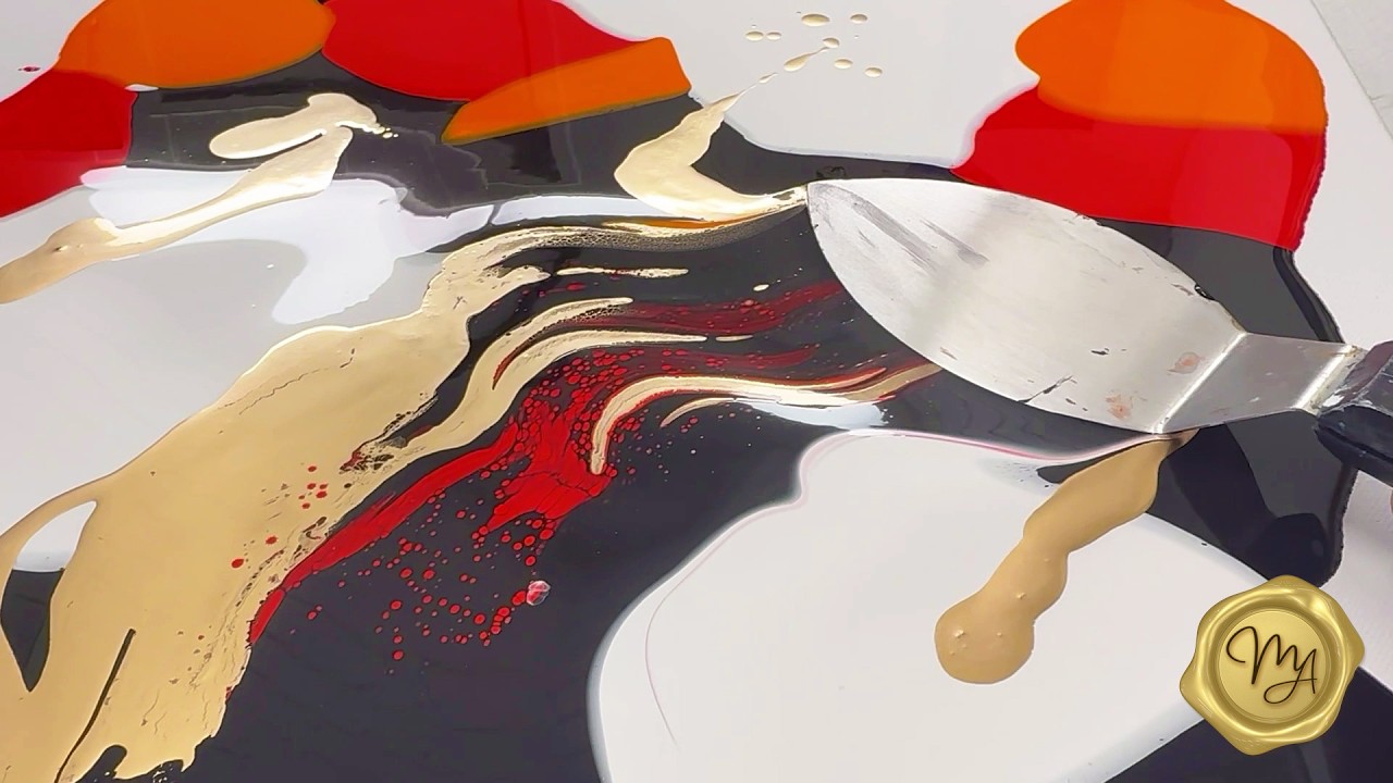 Most DRAMATIC Pour Yet! Fantasy Swipe in Red, Orange & Spraypaint Acrylicpour by MarjoleinART