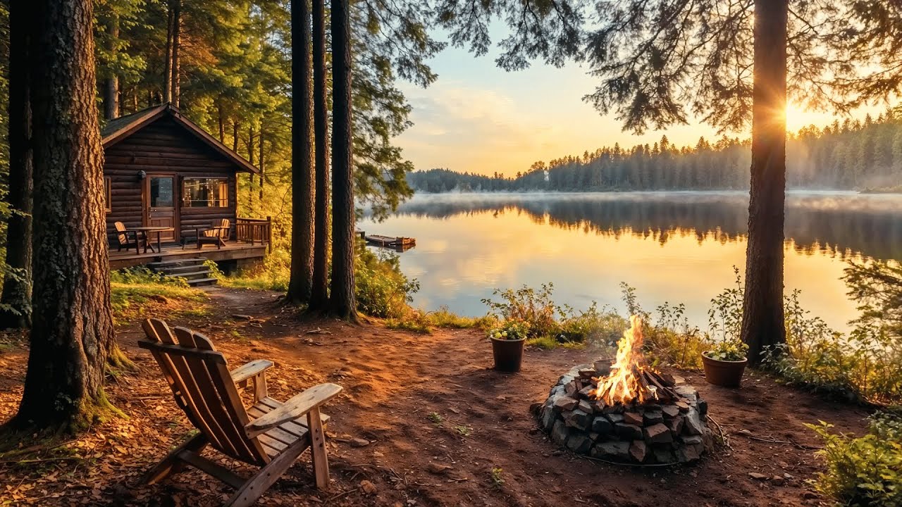 🌞 Soothing Sunrise Ambience – Lakeside Forest Campfire & Spring Birds Chirping for Relaxation