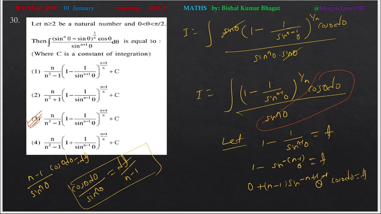 Let n≥2 be a natural number and 0θ π/2.Then ∫(sinnθ−sinθ)^1/ncosθ/sin^n+1θ dθ is equal to