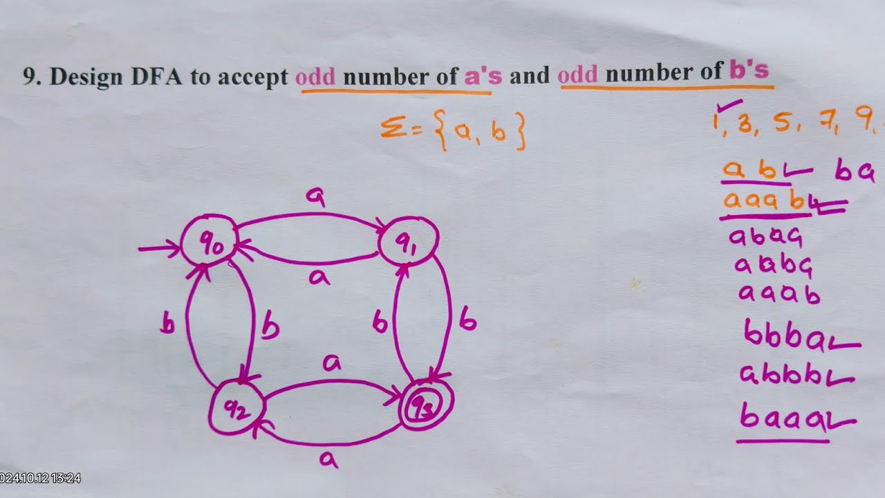 design DFA to accept odd numbers of a's and odd numbers of b's