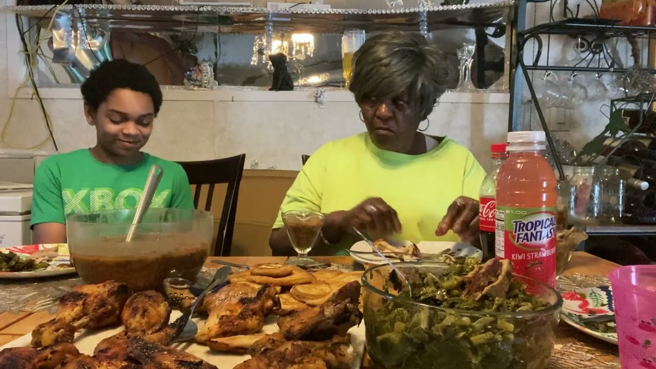 OK, baked chicken, collard greens, baked beans, and fried cornbread