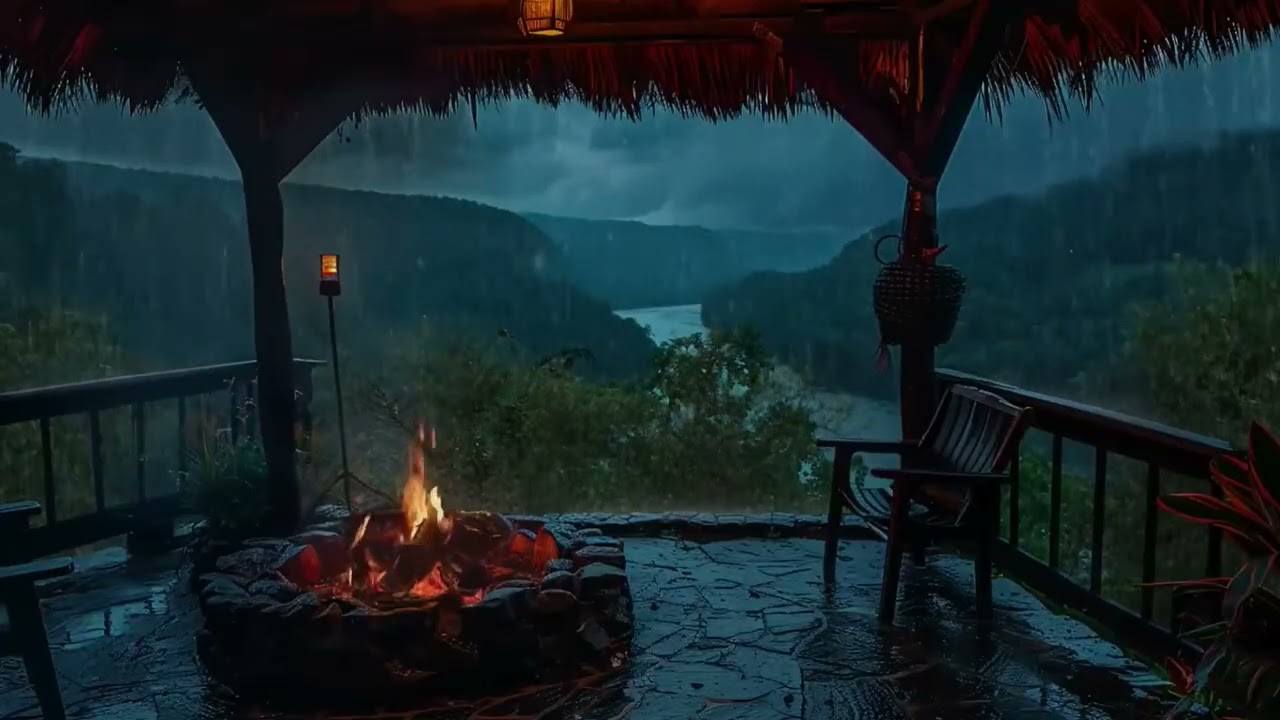 Heavy Rain on Mountain Cottage Terrace | Crackling Fire & Thunderstorm Sounds | Ambience | 10 Hours