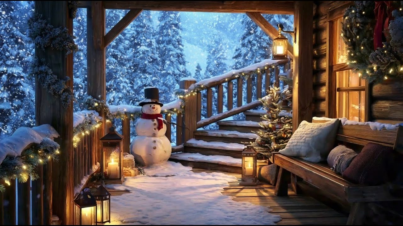 Snowy Winter Porch | Windy Snowfall & Quiet Winter Night | Winter Ambience 4K