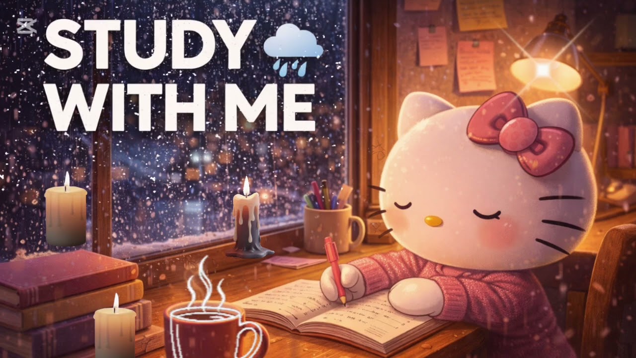 Study With Hello Kitty 🌧️ Rainy Night Desk Ambience 📚 No Music for Focus & Relax